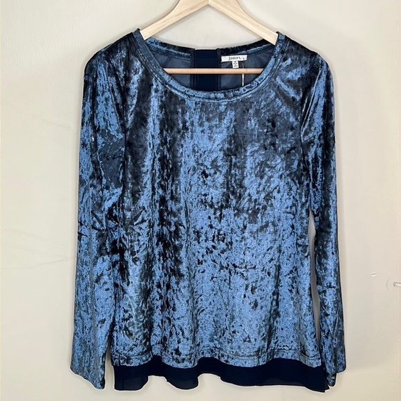JODIFL SMALL VELVET-FEEL LONG SLEEVED BLOUSE with SHEER BACKSIDE STRIP BLUE NEW - Picture 1 of 11